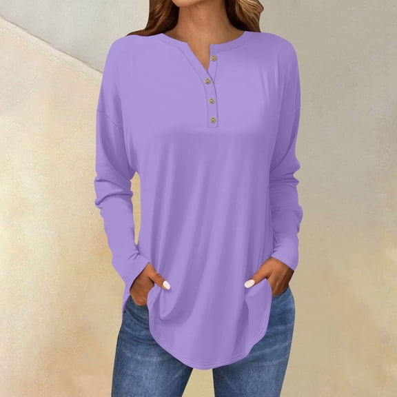 Women's Long Sleeve Tops with V-Neck and Button Detail, Casual Petite T-Shirts with Drop Shoulder and Curved Hem, Breathable Comfortable Blouse for All Seasons Light Violet M