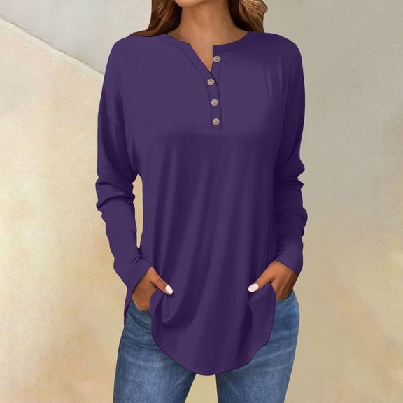 Women's Long Sleeve Tops with V-Neck and Button Detail, Casual Petite T-Shirts with Drop Shoulder and Curved Hem, Breathable Comfortable Blouse for All Seasons Purple L