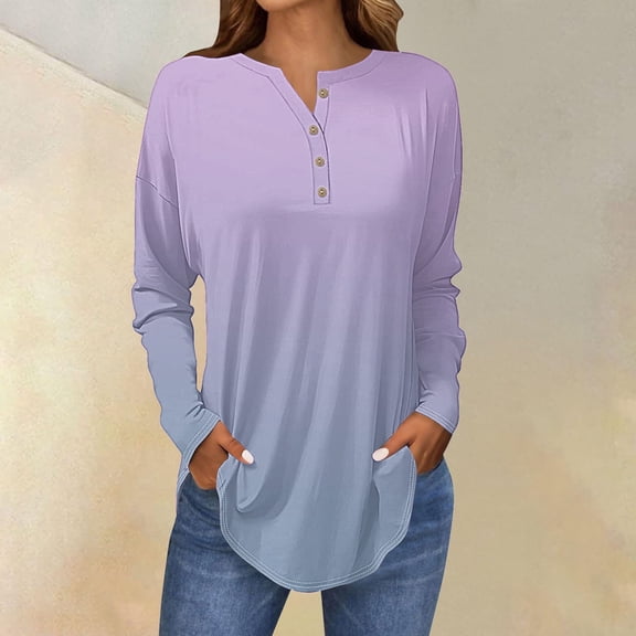 Women's Long Sleeve Tops with V-Neck and Button Detail, Casual Petite T-Shirts with Drop Shoulder and Curved Hem, Breathable Comfortable Blouse for All Seasons Purple S