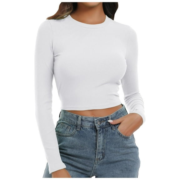 Women's Long Sleeve Tops Womens Tops Dressy Casual Women's Round Neck Long Sleeve Knit Ribbed Fitted Crop Top Casual Basic Shirts