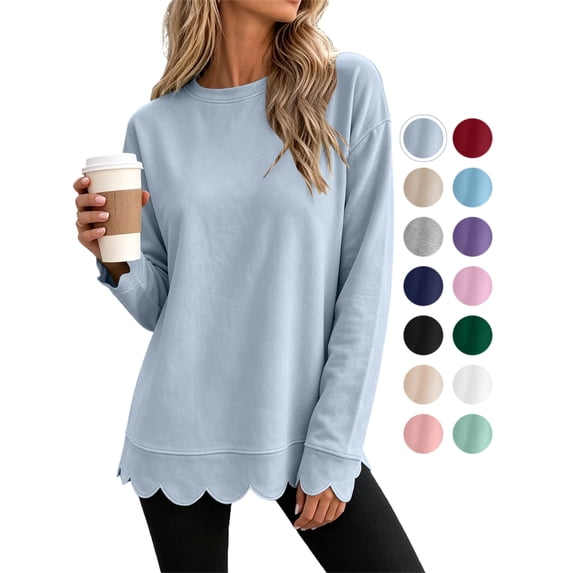 Women's Long Sleeve Tops Zeliretfy Womens Oversized Crewneck Sweatshirts Scalloped Casual Pullover Tops Long Sleeve Relaxed Loose Fit Lightweight Loungewear Athletic Daily Trendy Fall Outfits