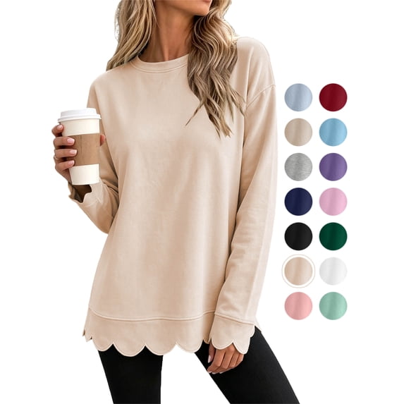 Women's Long Sleeve Tops Zeliretfy Womens Oversized Crewneck Sweatshirts Scalloped Casual Pullover Tops Long Sleeve Relaxed Loose Fit Lightweight Loungewear Athletic Daily Trendy Fall Outfits