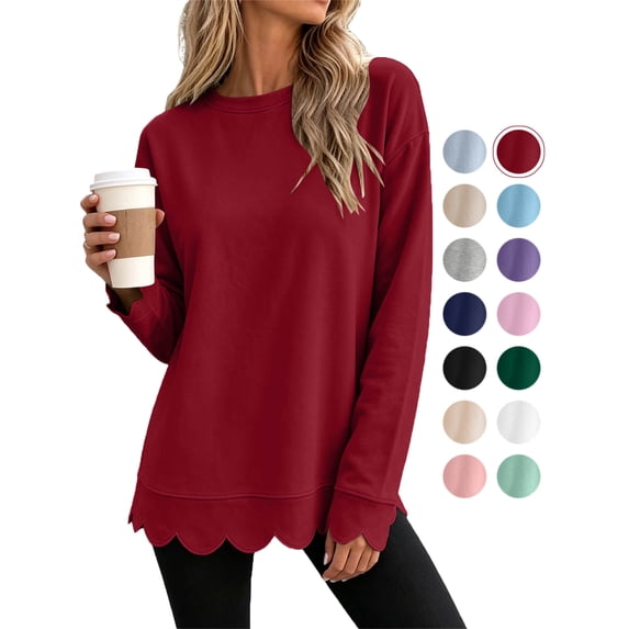 Women's Long Sleeve Tops Zeliretfy Womens Oversized Crewneck Sweatshirts Scalloped Casual Pullover Tops Long Sleeve Relaxed Loose Fit Lightweight Loungewear Athletic Daily Trendy Fall Outfits