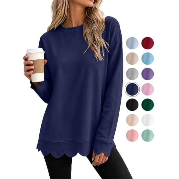 Women's Long Sleeve Tops Zeliretfy Womens Oversized Crewneck Sweatshirts Scalloped Casual Pullover Tops Long Sleeve Relaxed Loose Fit Lightweight Loungewear Athletic Daily Trendy Fall Outfits