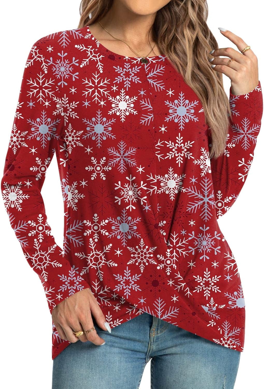Women's Long Sleeve Tunic Tops Casual Round Neck T-Shirts Front Twist ...