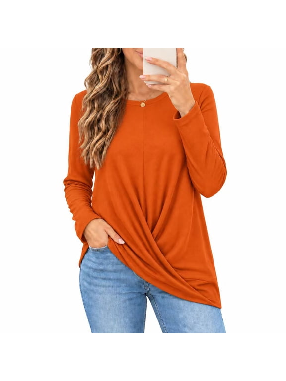 Women's Long Sleeve Dressy Casual Round Neck Tunic Top With Twist Front Detail