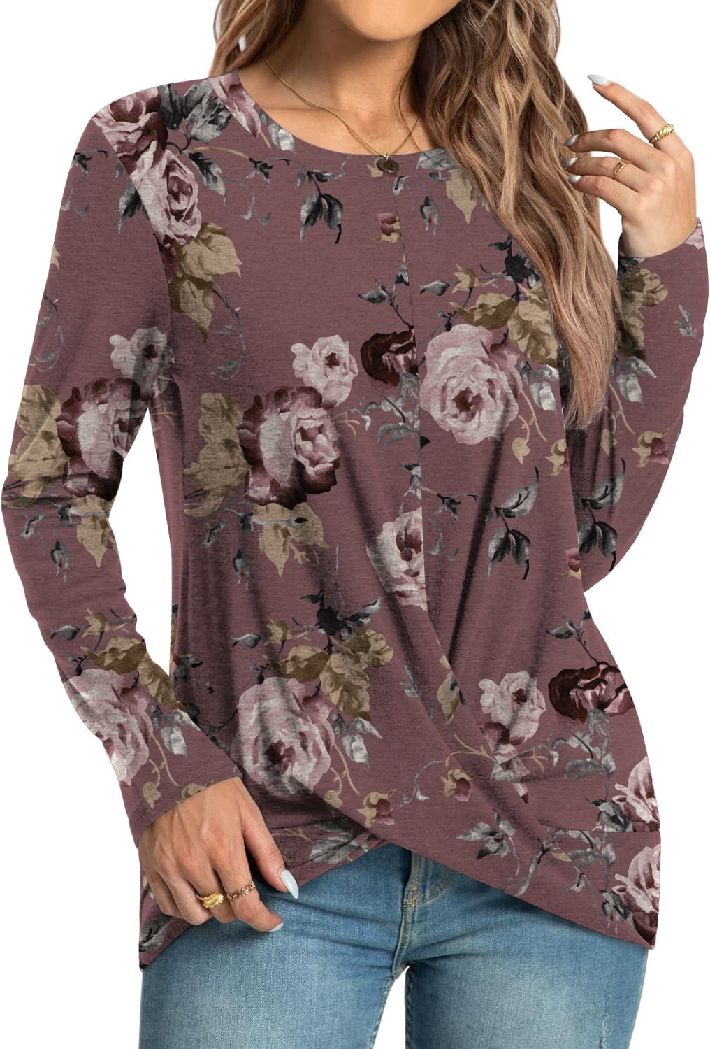 Women's Long Sleeve Tunic Tops Casual Round Neck T-Shirts Front Twist Top