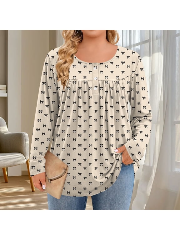 Women's Long Sleeve Tunic Tops Plus Size Pleated Crewneck Blouses Casual Loose Fitting Cute Printed Shirts Khaki 4XL