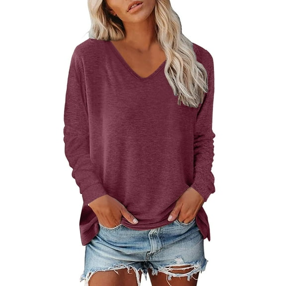 Women's Long Sleeve Tunic Tops V Neck Fall Fashion Solid Basic Tee Shirts 2025 Casual Lightweight Business Work Blouses