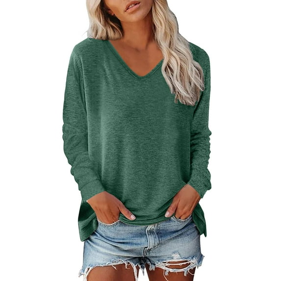 Women's Long Sleeve Tunic Tops V Neck Fall Fashion Solid Basic Tee Shirts 2025 Casual Lightweight Business Work Blouses
