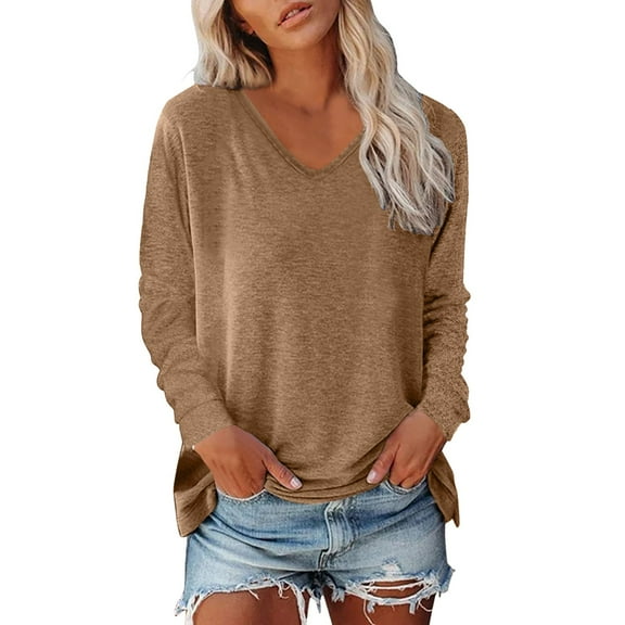 Women's Long Sleeve Tunic Tops V Neck Fall Fashion Solid Basic Tee Shirts 2025 Casual Lightweight Business Work Blouses