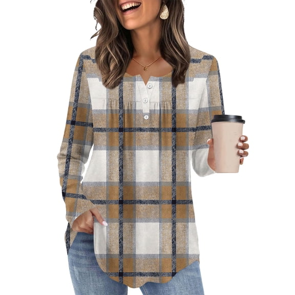 Women's Long Sleeve Tunic Tops with Buttons Pleated Plaid T-Shirts Henley Neck Blouses Loose Casual Dressy Tees (M, Khaki)