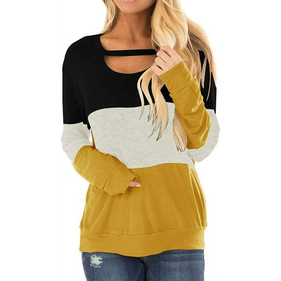 Women's Long Sleeve Tunics Color Block Cutout Sweatshirt Loose Fit Tops