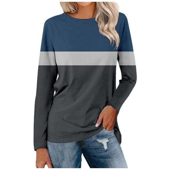 Women's Long Sleeve Tunics Tops Color Block Round Neck Blouses Casual Loose Fit Dressy Lightweight Pullover Tees