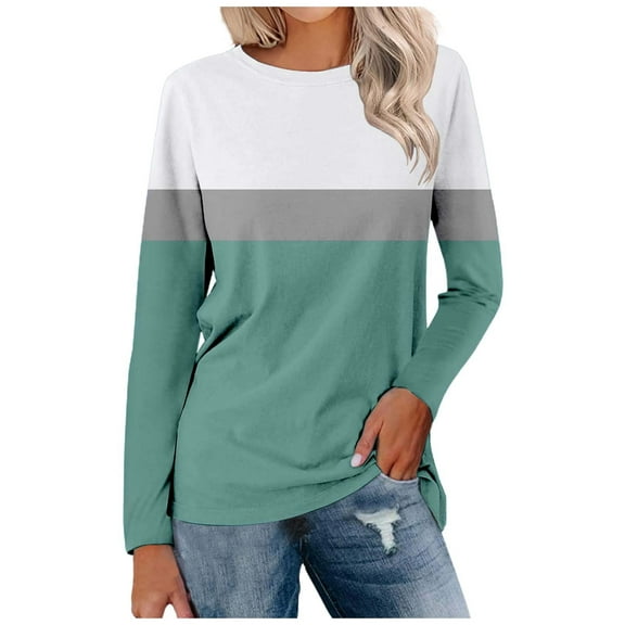 Women's Long Sleeve Tunics Tops Color Block Round Neck Blouses Casual Loose Fit Dressy Lightweight Pullover Tees