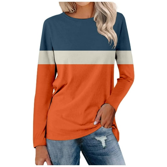 Women's Long Sleeve Tunics Tops Color Block Round Neck Blouses Casual Loose Fit Dressy Lightweight Pullover Tees