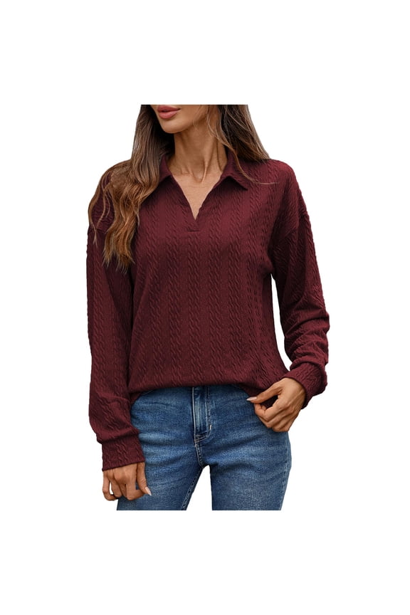 Women's Long Sleeve Turndown Collar Shirt Pullover Sweaters Casual Solid Cable Knit Sweater Basic Loose Fit Shirt Sweaters