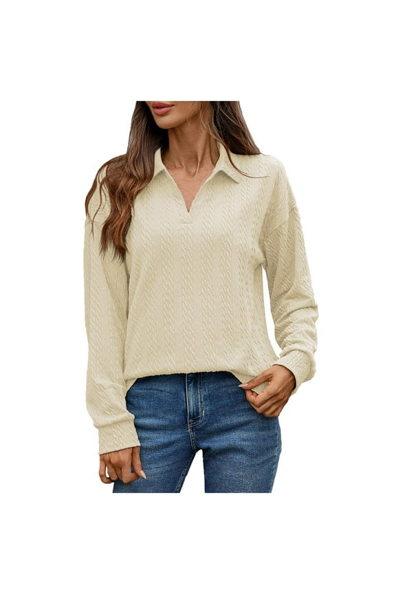 Women's Long Sleeve Turndown Collar Shirt Pullover Sweaters Casual Solid Cable Knit Sweater Basic Loose Fit Shirt Sweaters