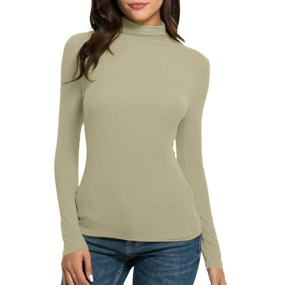Women's Long Sleeve Turtleneck Bottoming Shirts Stretch Tops Slim Fit Solid Color Skinny T-Shirts Tunic Sweat Undershirt Tights Beige,2XL