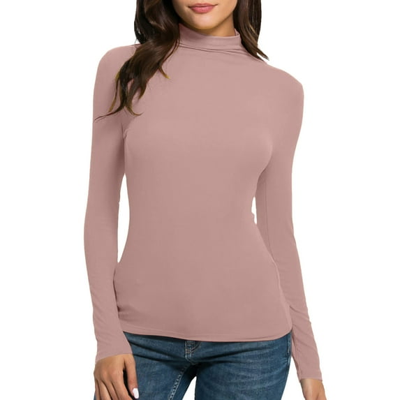 Women's Long Sleeve Turtleneck Bottoming Shirts Stretch Tops Slim Fit Solid Color Skinny T-Shirts Tunic Sweat Undershirt Tights Pink,XL