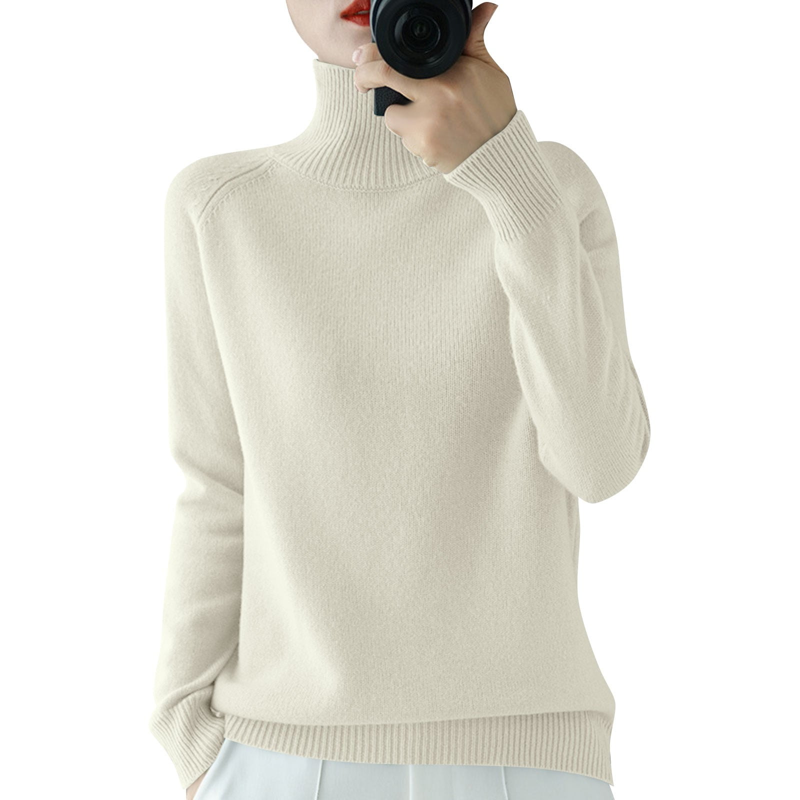Women's Long Sleeve Turtleneck Cozy Knit Sweater Casual Loose Pullover Jumper Tops White L