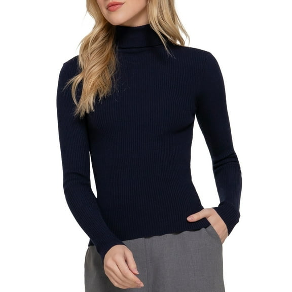 Women's Long Sleeve Turtleneck Fitted Rib Sweater Top Viscose Blend