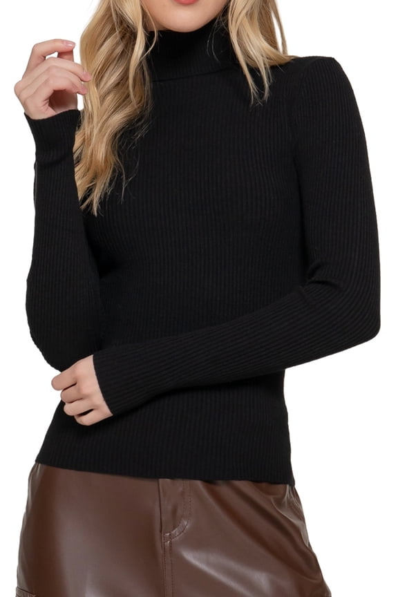 Women's Long Sleeve Turtleneck Fitted Rib Sweater Top Viscose Blend