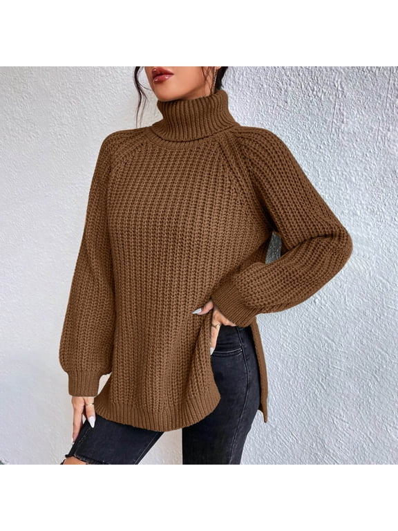 Women's Long Sleeve Turtleneck Pullover Sweater Tops Blouses Casual Daily Wear Loose Fit Solid Color Soft Knit Fashion Essential Gift for Women | Aestivo,Coffee XL