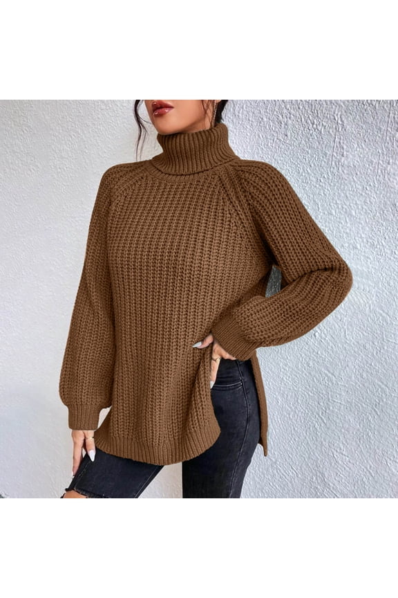 Women's Long Sleeve Turtleneck Pullover Sweater Tops Blouses Casual Daily Wear Loose Fit Solid Color Soft Knit Fashion Essential Gift for Women | Aestivo,Coffee L