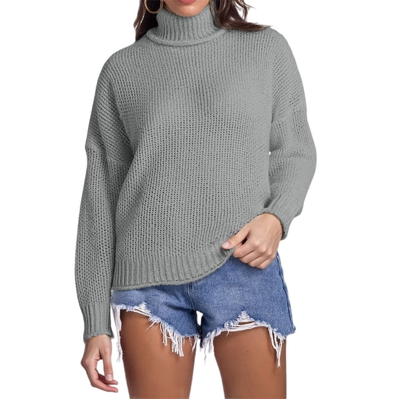 Women's Long Sleeve Turtleneck Pullover Top Sweater Loose Fit Grey Sweater for Women Warm Womens Fashion Sweaters