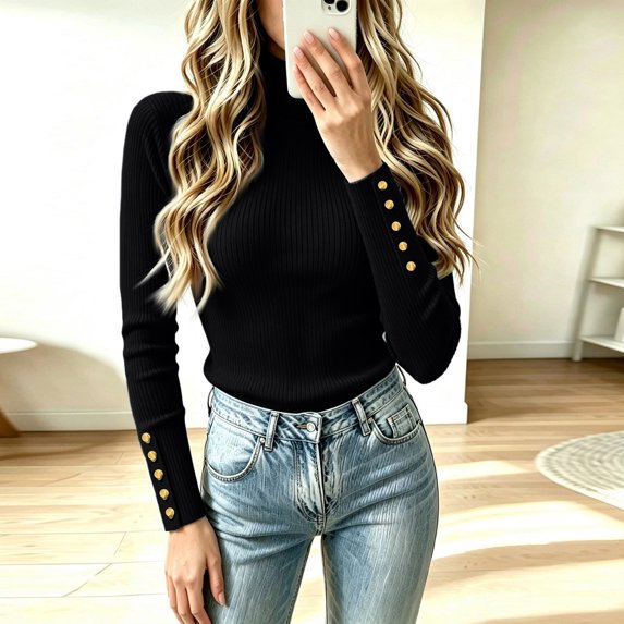 Women's Long Sleeve Turtleneck Ribbed Knit Sweater, Slim Fit Lightweight Basic Pullover Tops for Fall Winter Layering L