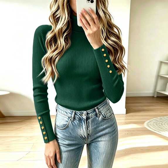Women's Long Sleeve Turtleneck Ribbed Knit Sweater, Slim Fit Lightweight Basic Pullover Tops for Fall Winter Layering S