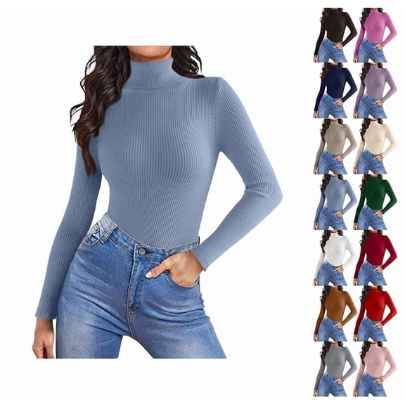 Women's Long Sleeve Turtleneck Shirts Casual Ribbed Basic Tee Slim Soft Thermal Tops 2025 Fall Going Out Clothes Blue L