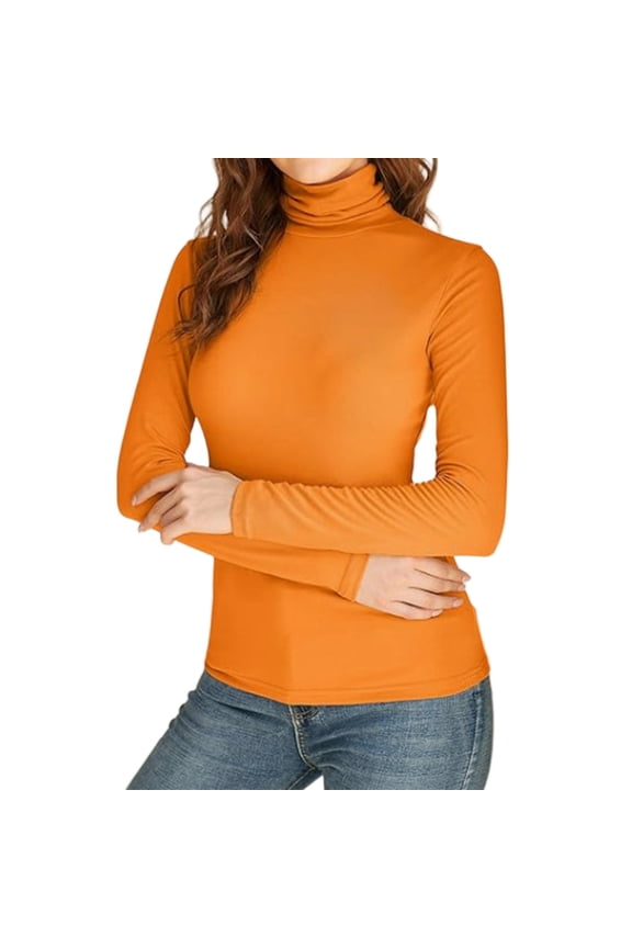 Women's Long Sleeve Turtleneck Shirts Slim Fitted Lightweight Base Layer Casual Tops 2025 Orange L