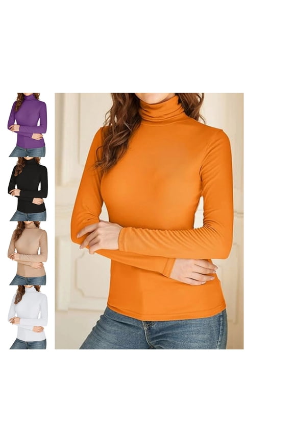 Women's Long Sleeve Turtleneck Shirts Slim Fitted Lightweight Base Layer Casual Tops Orange XXL
