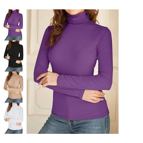 Women's Long Sleeve Turtleneck Shirts Slim Fitted Lightweight Base Layer Casual Tops Purple L