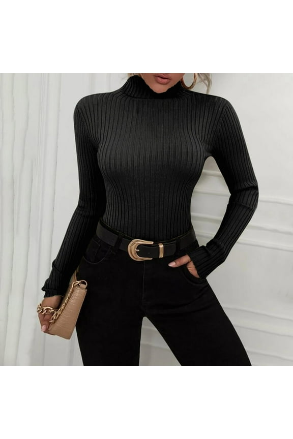 Women's Long Sleeve Turtleneck Sweater 2023 Fall Ribbed Knit Tunic Shirts Trendy Slim Fit Solid Basic Casual Tee Tops