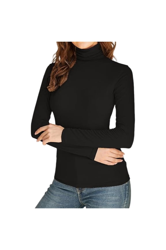 Women’s Long Sleeve Turtleneck Top Stretchy Lightweight Pullover Basic Layer Slim Fit Shirt for Daily Wear Black S