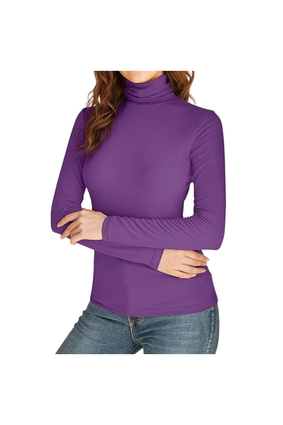 Women’s Long Sleeve Turtleneck Top Stretchy Lightweight Pullover Basic Layer Slim Fit Shirt for Daily Wear Purple L