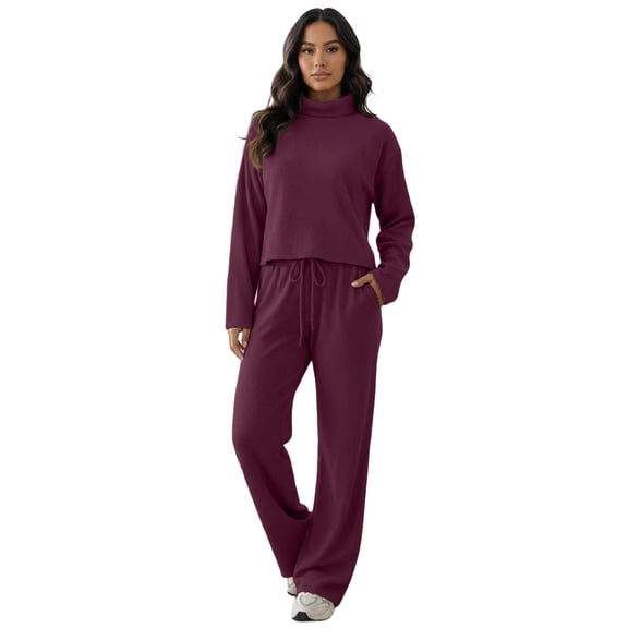 Women’s Long Sleeve Turtleneck Top and Drawstring Waist Wide Leg Pants Two Piece Set Casual Relaxed Fit Loungewear Outfit