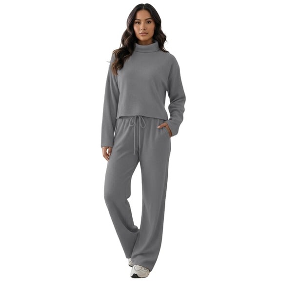 Women’s Long Sleeve Turtleneck Top and Drawstring Waist Wide Leg Pants Two Piece Set Casual Relaxed Fit Loungewear Outfit