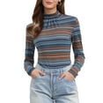 thumbnail image 1 of INSPIRE CHIC Women's Blouse Slim Fit Turtleneck Pleated Front Long Sleeve Knit Top 3XL Blue Striped, 1 of 6