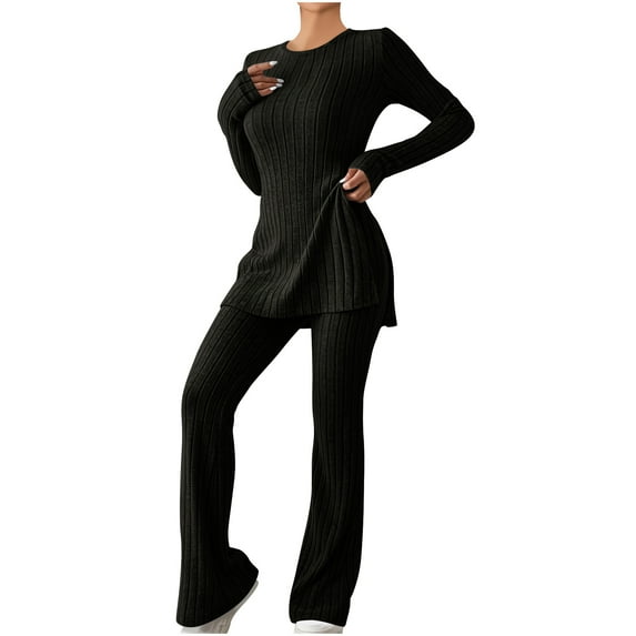 Women's Long Sleeve Two Piece Outfits Casual Knit Top Wide Leg Loungewear Solid Color Crew Neck Sweater Tracksuits (Black M)