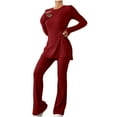 thumbnail image 1 of Women's Long Sleeve Two Piece Outfits Casual Knit Top Wide Leg Loungewear Solid Color Crew Neck Sweater Tracksuits (Wine L), 1 of 6