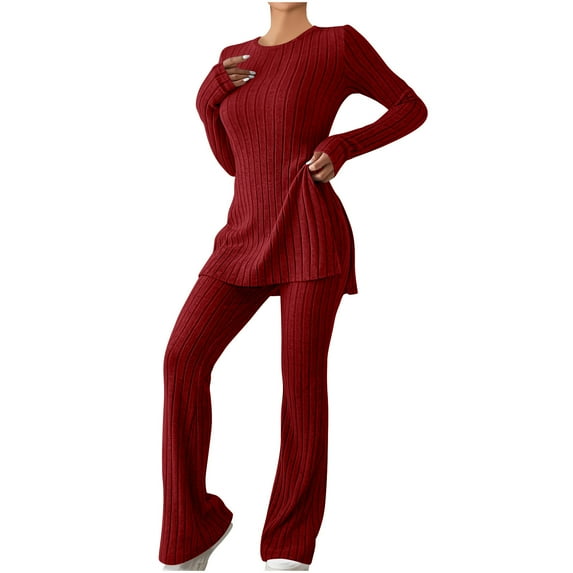 Women's Long Sleeve Two Piece Outfits Casual Knit Top Wide Leg Loungewear Solid Color Crew Neck Sweater Tracksuits (Wine L)