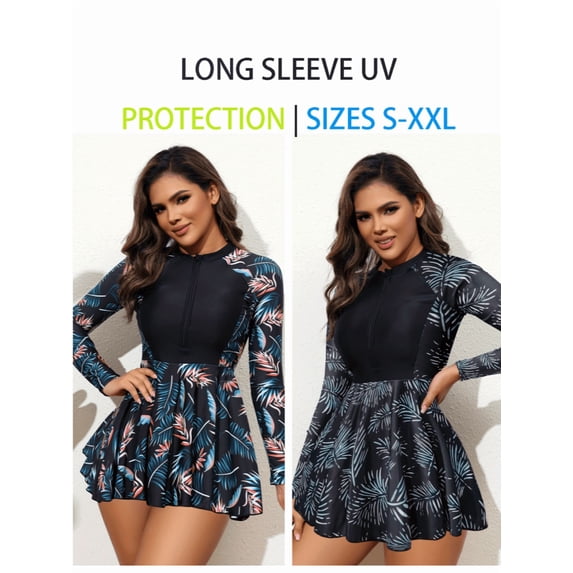 Women's Long Sleeve UV Protection Swim Tank Top, Zip Front Skirted Rash Guard Bathing Suit Top with Tropical Leaf Print