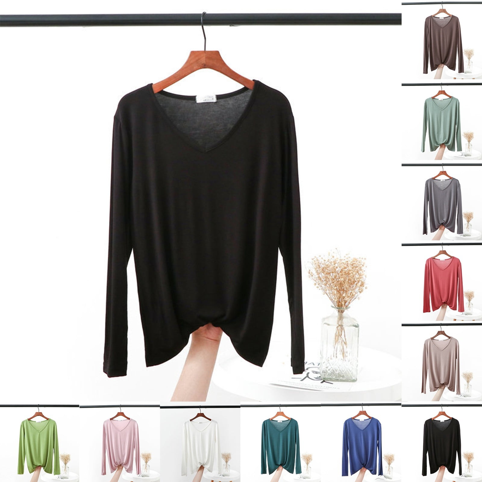 Meat Layer Women's Long Sleeve V Neck Basic Shirts Loose Fit Base Layer Soft Warm ...