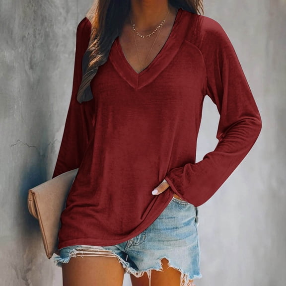 Women's Long Sleeve V-Neck Blouse Fashion Loose Fit Casual Tops Under $10 Comfortable Pullover Shirt for Everyday Wear