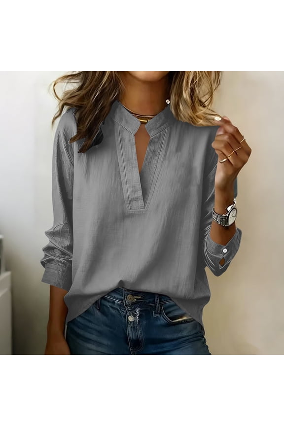 Women's Long Sleeve V-Neck Blouse in Soft Linen-Like Fabric for Summer