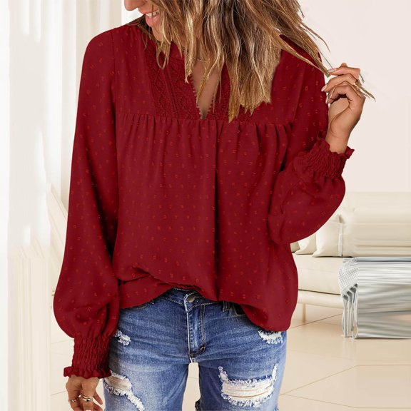 Women's Long Sleeve V-Neck Blouse with Lace Patchwork and Loose Fit for Casual Fashion
